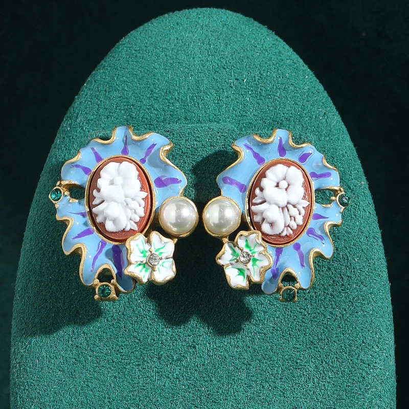 

Vintage Flower Earrings For Woman Studs Pearl Enamel Blue Relief Petal Monet Garden Luxury Designer Jewelry Accessories 2025 New