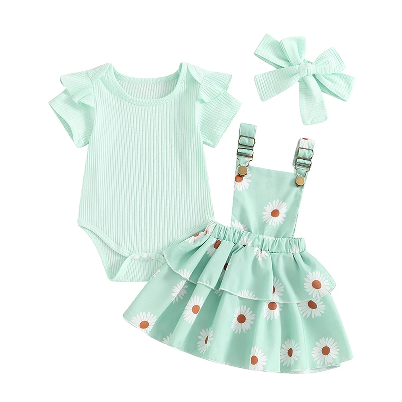 

Baby Girls Spring Outfits Short Sleeve Ribbed Romper Suspender Skirt Headband Set Newborn 3 Piece Clothes