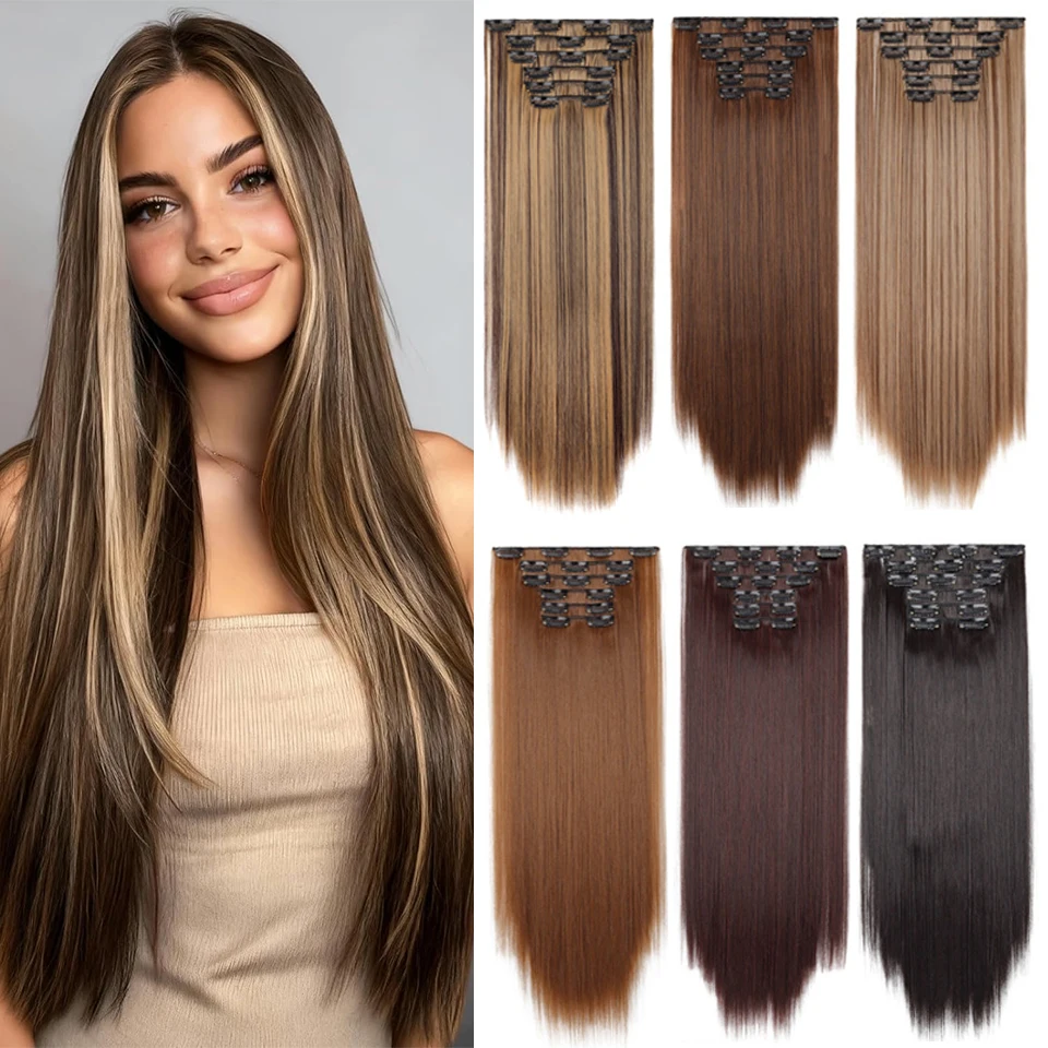 24Inch Clip in Hair Extensions Invisible Synthetic Extension 6PCS  Long Straight Heat Resistant Clips on Hairpieces for Women