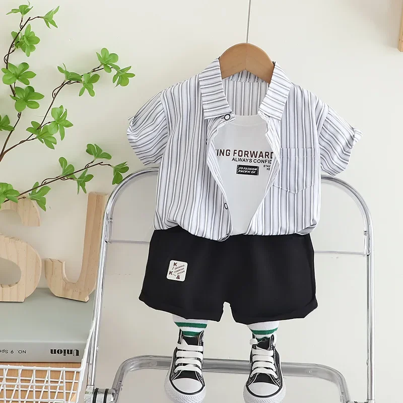 Baby Boy 2PCS Casual Outfit Striped Open Front Short Sleeve Shirt & Black Shorts Set with Letter Print Tee for Kids Daily Wear
