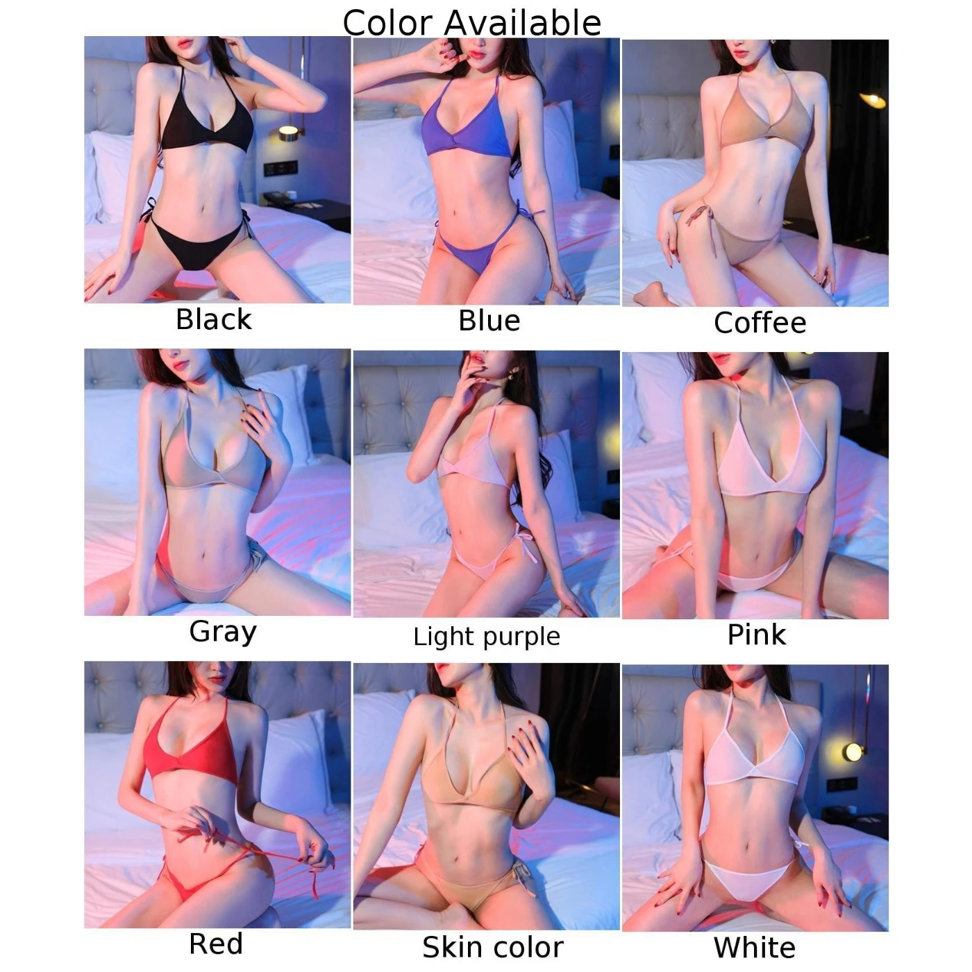 Sexy Ultra Thin See Through Bra Thong Briefs Underwear Sets Women Thin Straps Bikini Suit Temptation Solid Color Nightwear