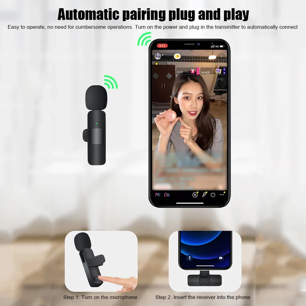 Wireless Lavalier Microphone Noise Cancelling Portable Audio Video Recording Mini Mic for iPhone USB-C Live Broadcast Gaming Mic