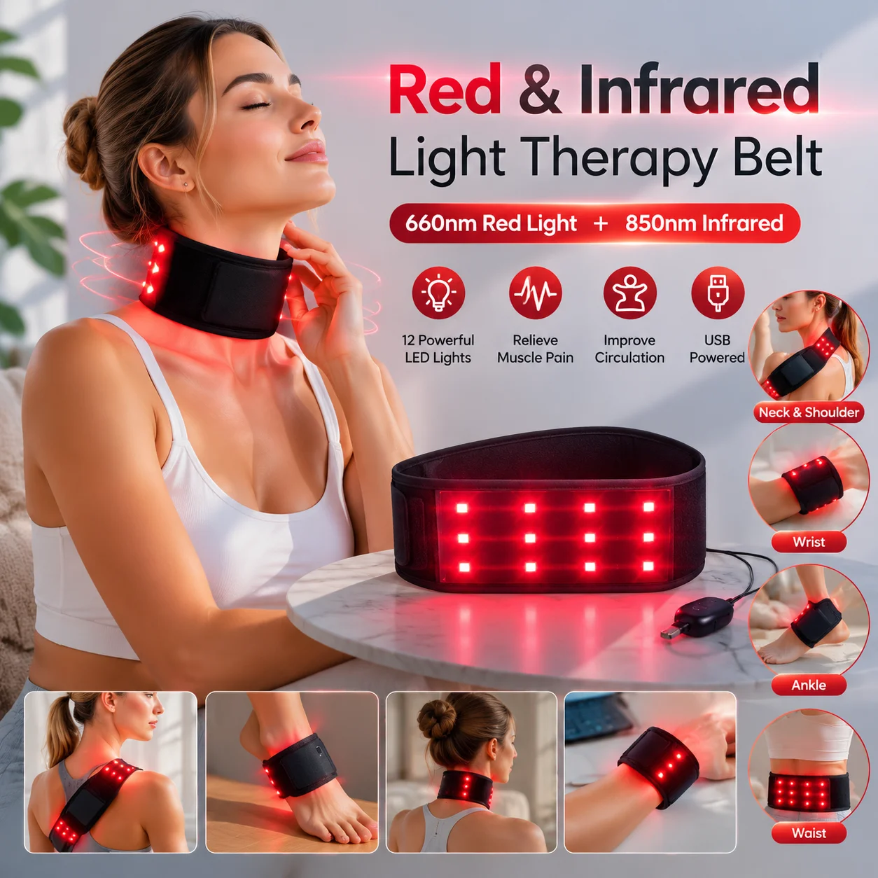 Infrared Heating Waist Massager Electric Belt Vibration USB Charge Red Light Hot Compress Lumbar Back Support Brace Relaxation