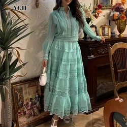 VGH Solid Vintage Two Piece Set For Women Stand Collar Lantern Sleeve Top High Waist Loose Spliced Lace Skirts Sets Female New