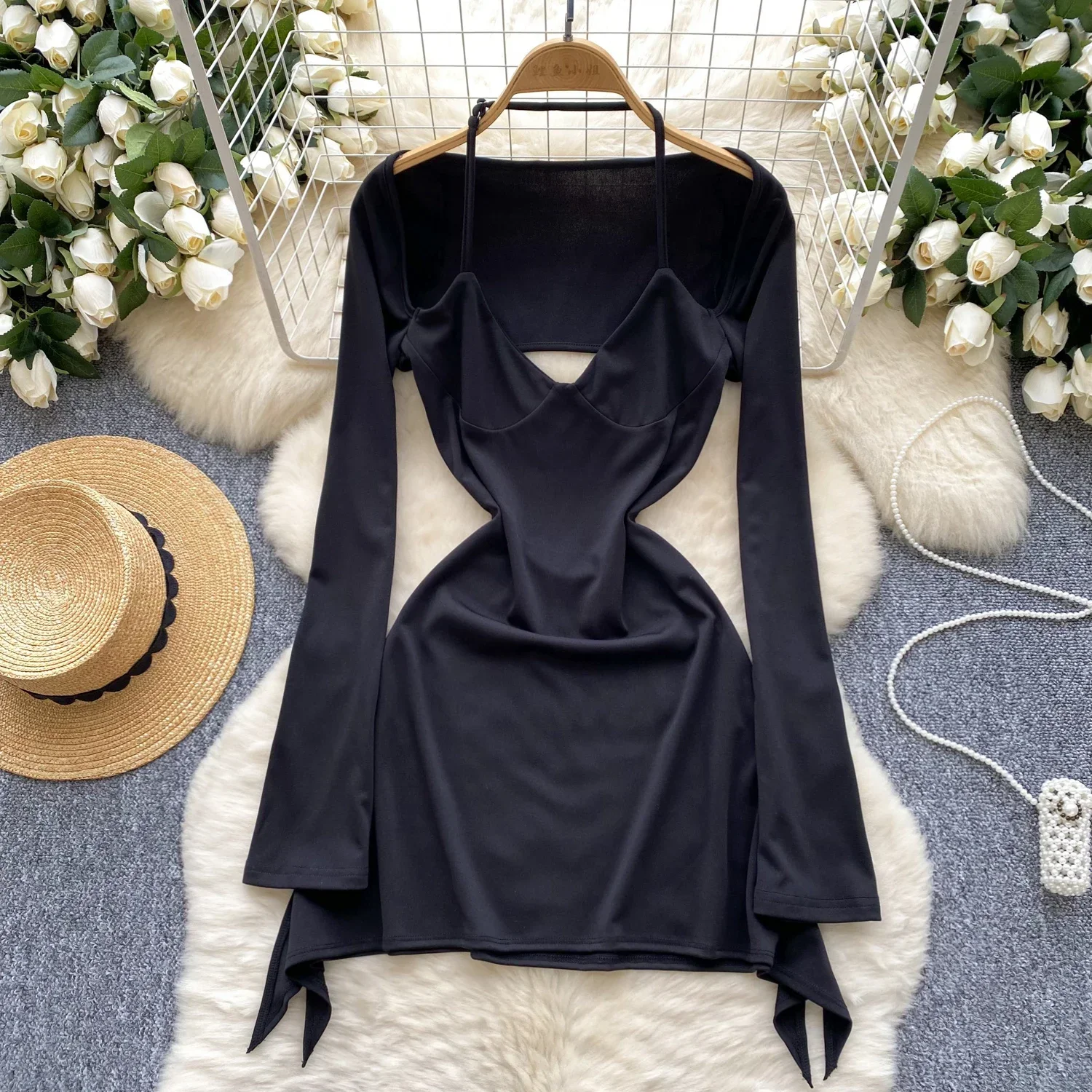 Sexy Hollow Out Halter Elegant Long Sleeves Hotsweet Backless Fashion Slim Short Dresses Streetwear High Street Autumn Clothing