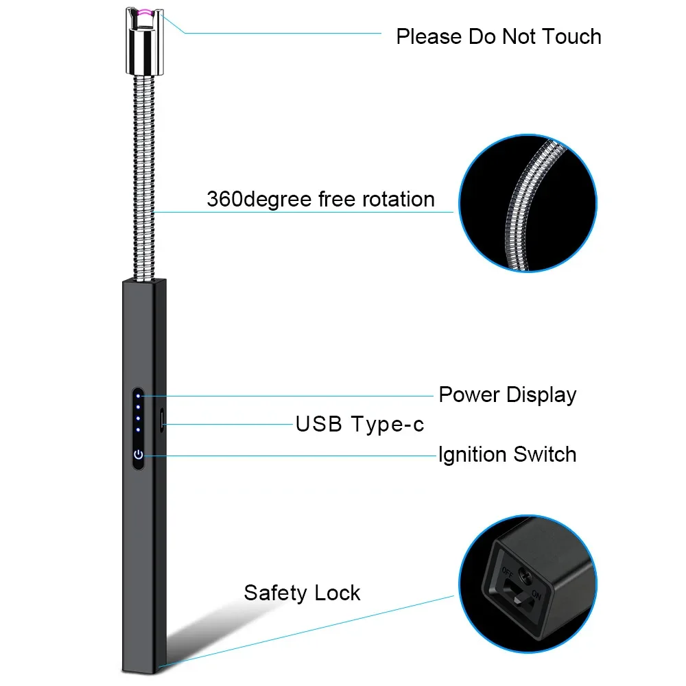 USB Type-C Fast Charging Metal Elbow Electric Arc Ignition Gun Windproof Kitchen Candle Gas Stove Pulse Plasma Lighter Gift Box