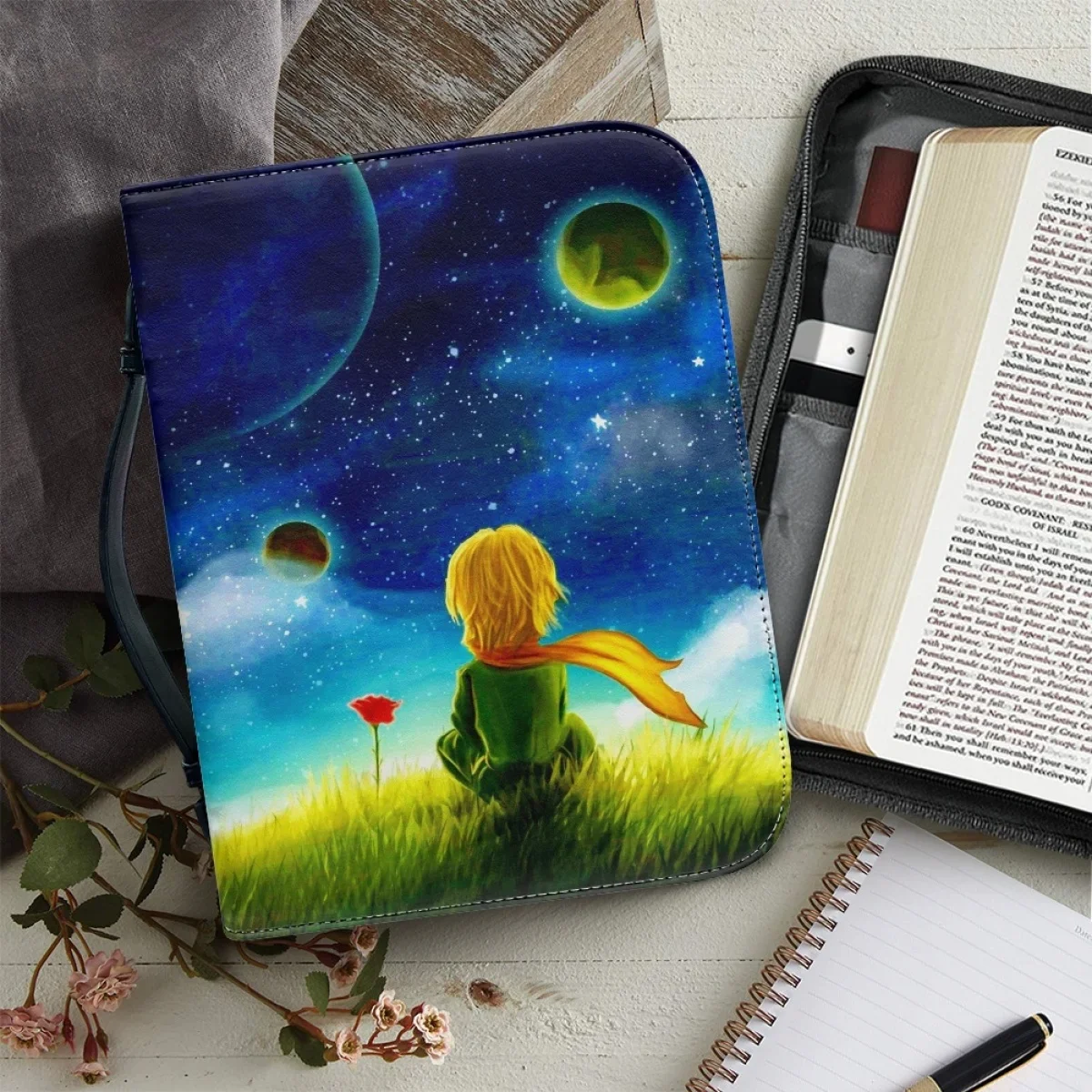 Little Prince Movie Handle Handbags for Girls Boys PU Leather Zippered Bible Cover Case Women's Study Book Holy Storage Boxes