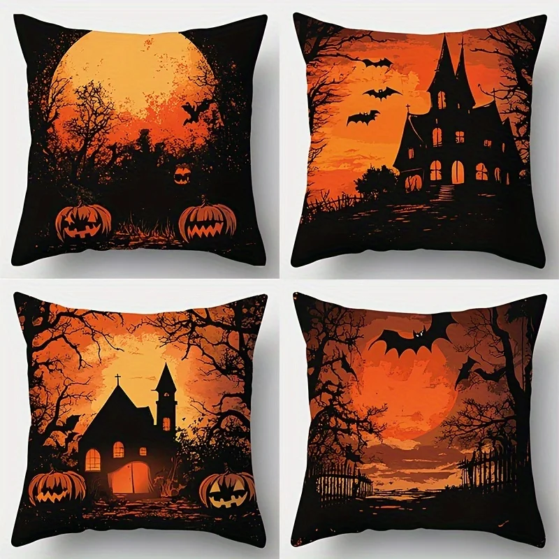 

4Pcs Halloween Ghost/Bat/Pumpkin Pillow Covers - Modern Zippered Polyester Cushion Covers for Living Room Decor