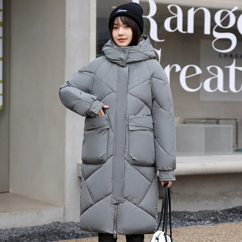 Parka solta com capuz extragrande feminino, jaqueta grossa quente, casaco de meia panturrilha, moda coreana, simples, monocromática, roupas de inverno