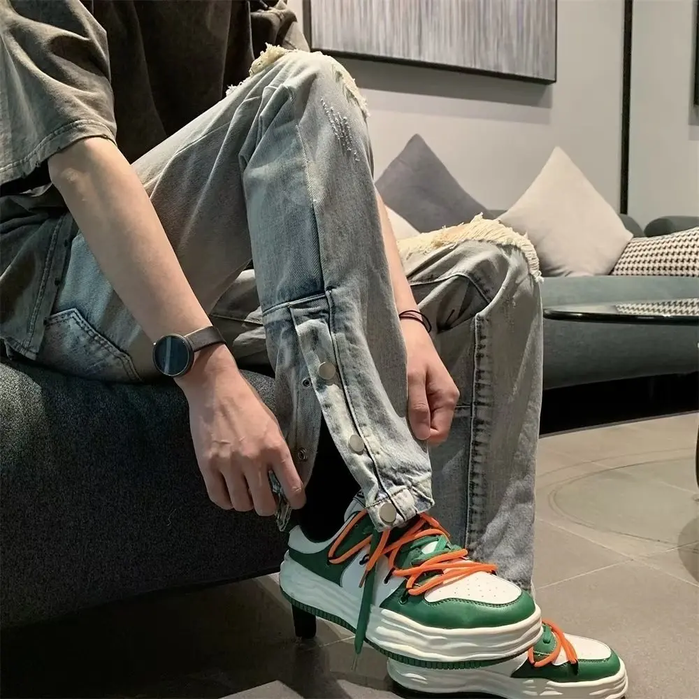 

Men's High-Waist Distred Denim Jeans Summer Street Sle Zipper Button Loose Straight Leg American Vibe Casual Cotton Jeans