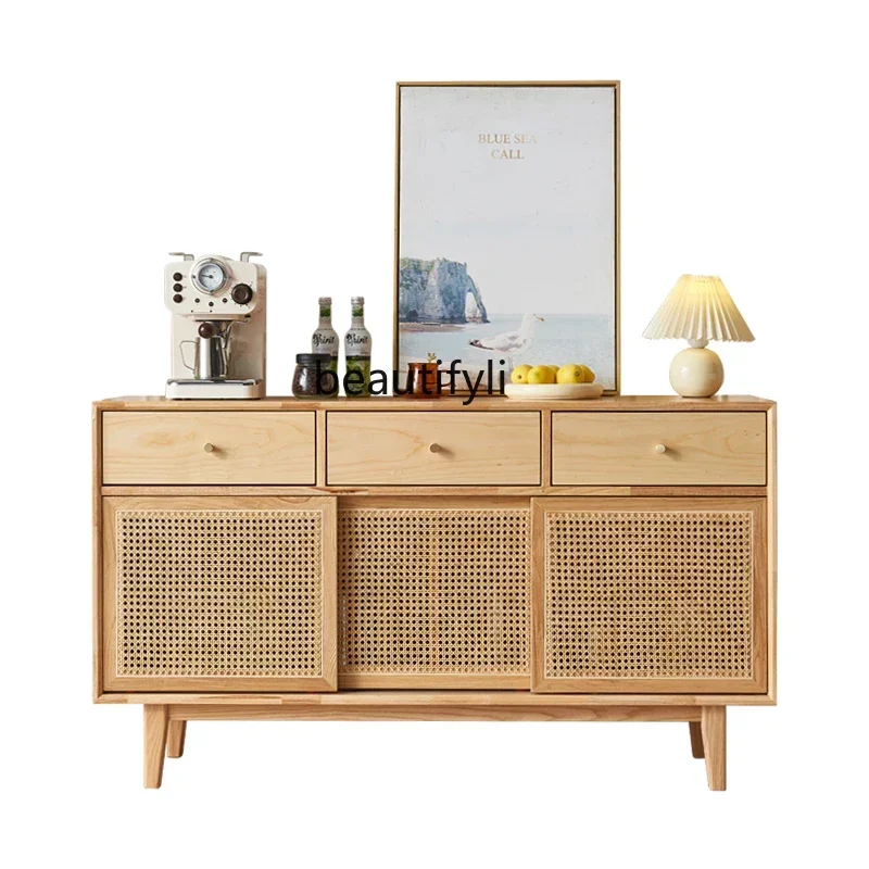 

Nordic Rattan Sideboard Cabinet Living Room Solid Wood Locker Wall-Mounted Drawer Storage Cabinet