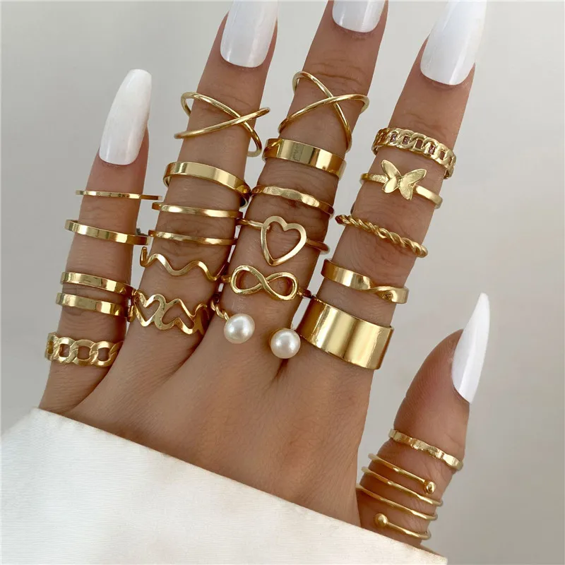 Vintage Hollow Heart Butterfly Rings Set For Women Metal Silver Color Geometric Spiral Shape Ring 22pcs Set 2024 Trendy Jewelry