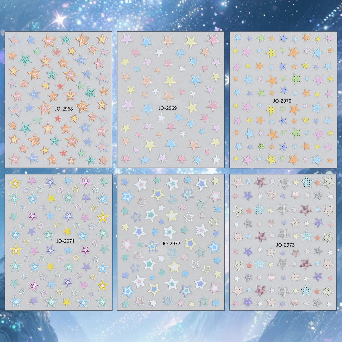 3 to 12 Sheets 3D Pastel Star Nail Stickers Colorful Y2K Glitter Decals Self Adhesive Cute Nail Art