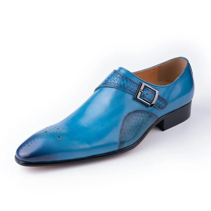 Fashion Blue Black Men Loafer Shoes Elegant Dress Formal Suit Breathable Leather Shoe No Slip Handmade Monk Nice Adult Footwear