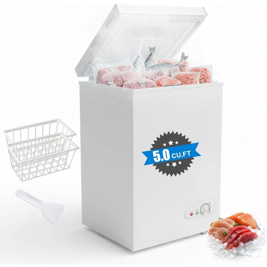 

5.0 Cu.Ft Chest Freezer Energy Efficient Quiet Deep Freezer with Adjustable Thermostat Removable Basket Defrost Drain Compact F