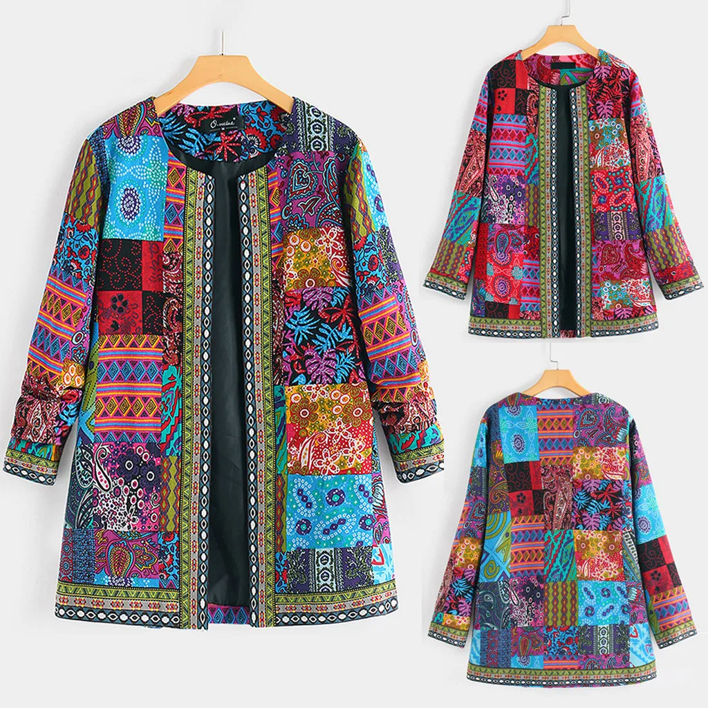 Women Vintage Ethnic Style Floral Print Long Sleeve Plus Size Cotton Jacket Coat Chaqueta Mujer Roupas Femininas пальто женское