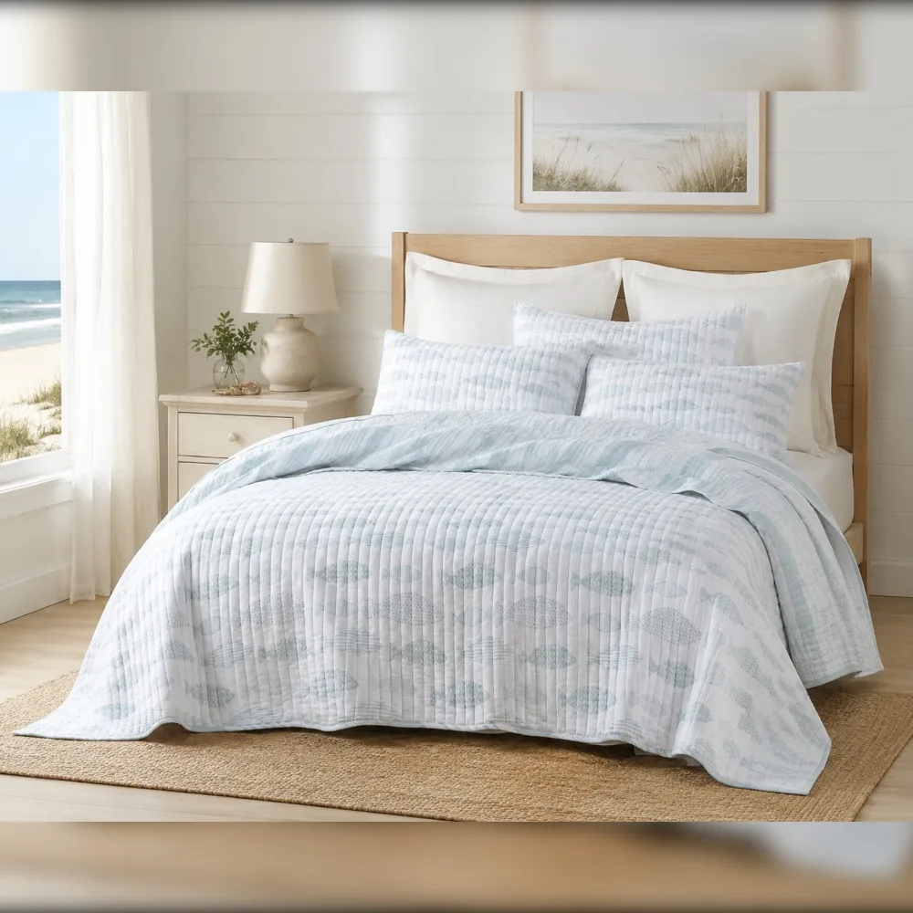 Twin Quilt Set Blue Animal Print 100% Cotton Lightweight Bedding