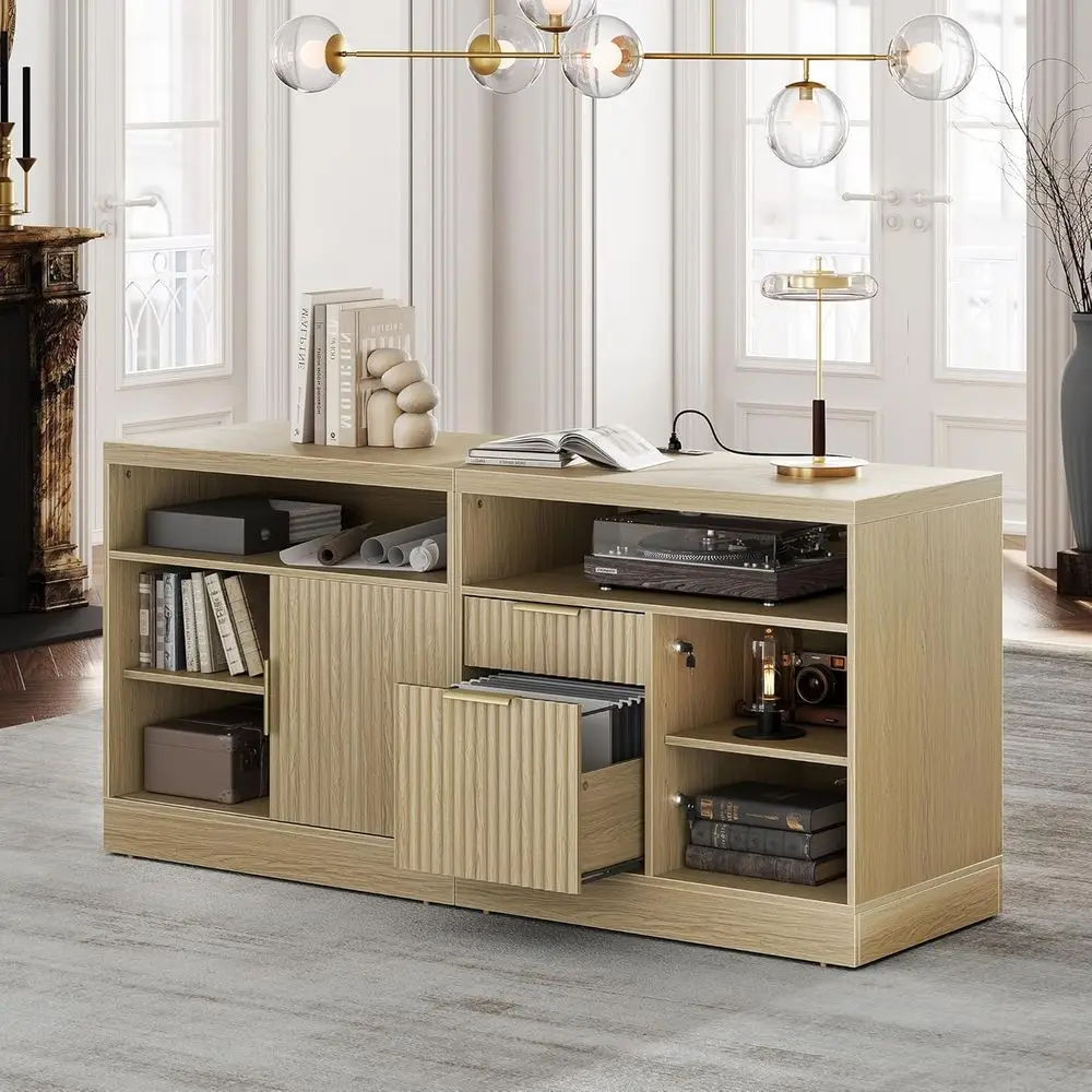 

63'' Lockable Wood Lateral File Cabinet, Letter/A4, AC/USB Ports, Adjustable Shelves, Light Walnut Finish