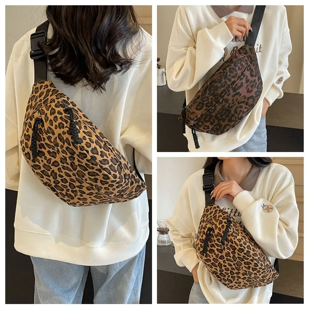 

Large Capacity Leopard Print Chest Bag Adjustable Strap Zipper Canvas Waist Bag Multi Functional Fanny Pack Sports Shoulder Bag