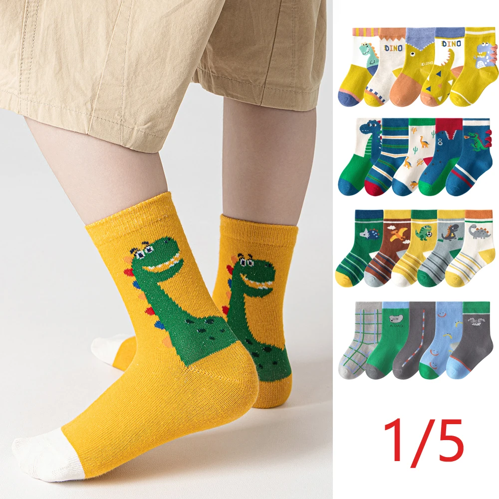 1/5 pairs Kids Socks for Boys 2026 New Children Casual Cartoon Dinosaur Print Ankle Short Breathable Cotton Toddler Socks Sets