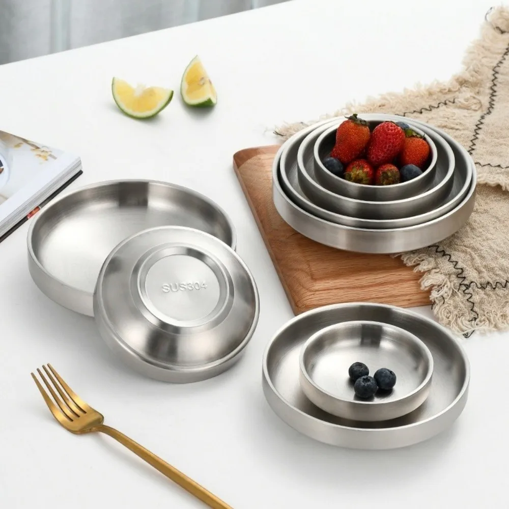 New 304 Stainless Steel Dish Plate Thickened Kitchen Seasoning Bowl Flat Bottom Dinner Plate Restaurant Tableware