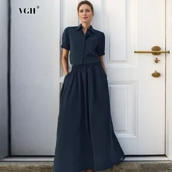 VGH Casual Two Piece Sets For Women Lapel Short Sleeve Spliced Button Shirts High Waist A Line Long Skirt Minimalist Set Female