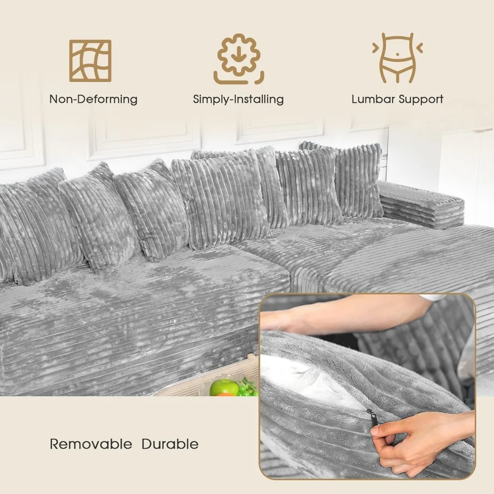 Luxe Oversized L Shaped Sofa with Chaise，Comfy Faux Fur Plush L Shaped Sectional Couches with 8 Pillows，Soft Fluffy Uph