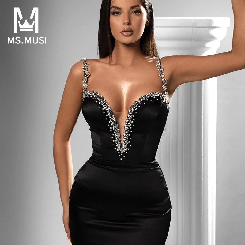 

MSMUSI 2024 New Fashion Women Sexy Strap Diamond Crystal Sequins Sleeveless Backless Bandage Party Club Bodycon Event Mini Dress