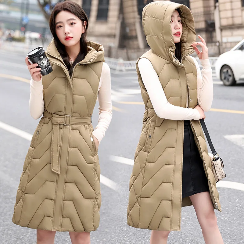 

With Belt Hooded Down Cotton Waistcoat Winter Parkas Women Warm Thicken Cotton-Padded Vest Jacket Lady Sleeveless Long Tank Coat