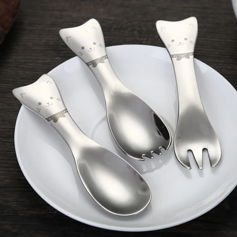 

3 Pcs Kids Utensils Stainless Steel Cat Spoon Fork Serving Simple Salad Silver Home Baby