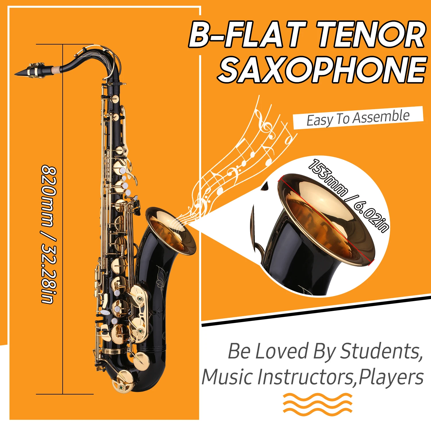 

B-flat Tenor Saxophone for Musician Beginner Bb Black Lacquer Sax with Instrument Case Reed Neck Strap Cleaning Cloth Brush
