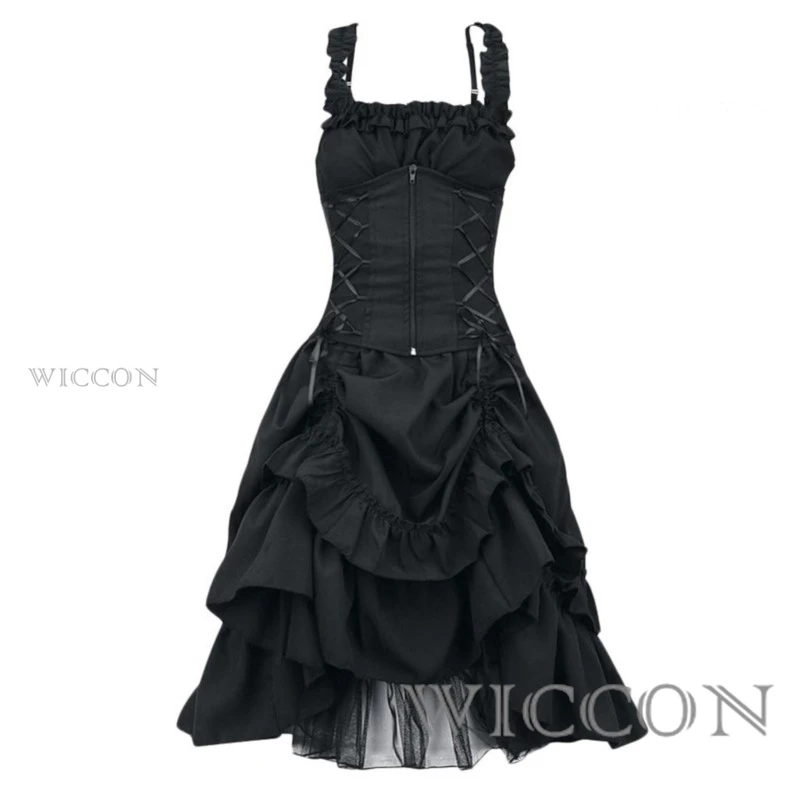 Halloween Middeleeuwse Cosplay Vintage Elegante Lace Up Corset Taille Vampier Gothic Retro Y2K Vrouwen Punk Sexy Mouwloze Lolita Jurk