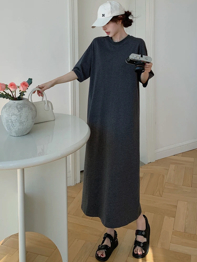 NYFS 2025 فستان صيفي فضفاض مقاس كبير فساتين طويلة متينة على الطراز الكوري رداء Elbise فستان نسائي بأكمام قصيرة