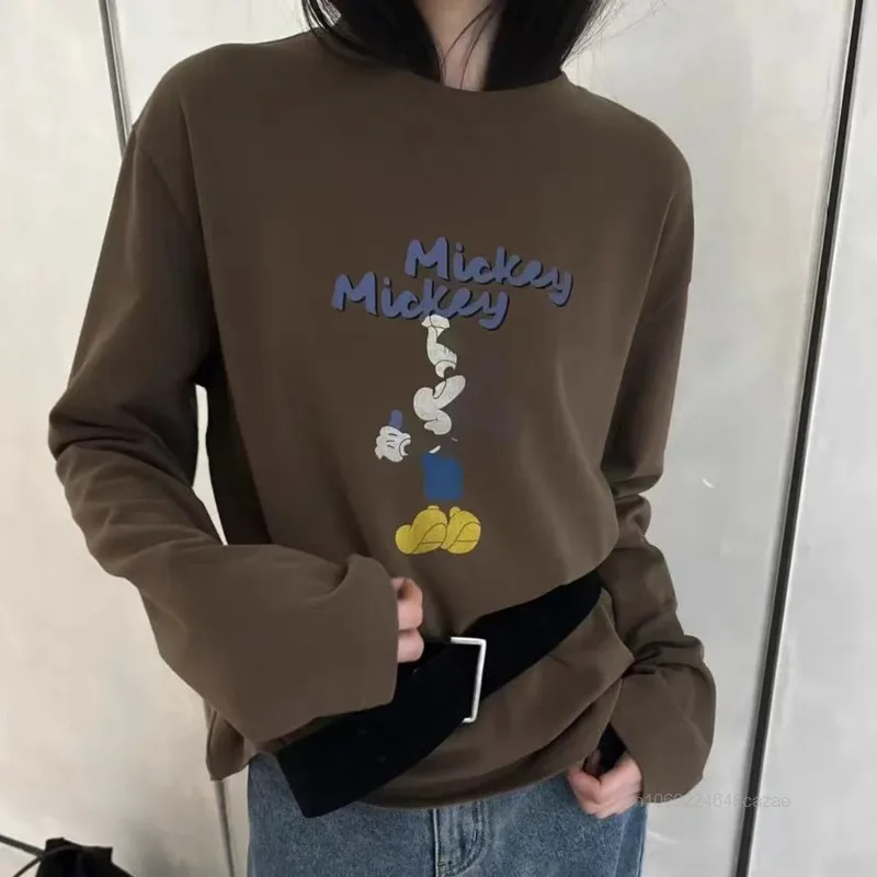 Disney Mickey Mouse Early Autumn Design Print T-shirt Korean Version Simple Long Sleeved Tees Men Women Fashion Loose Casual Top