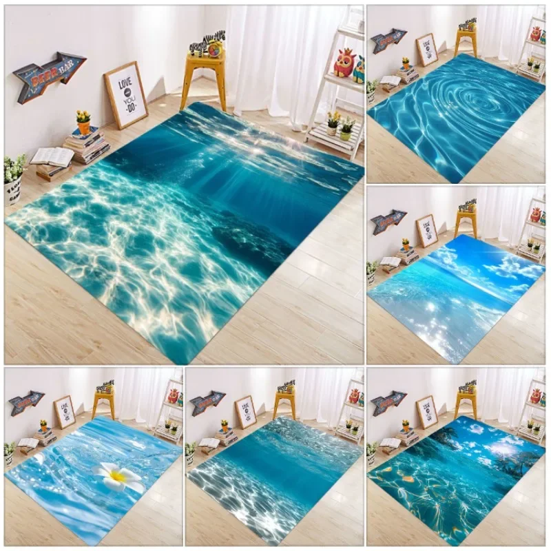Ocean Water Wave Carpet Mat Rug 3D Effect Blue Sunlight Beach Non-Slip Durable Home Decoration Living Room Kids Room Floor Mat