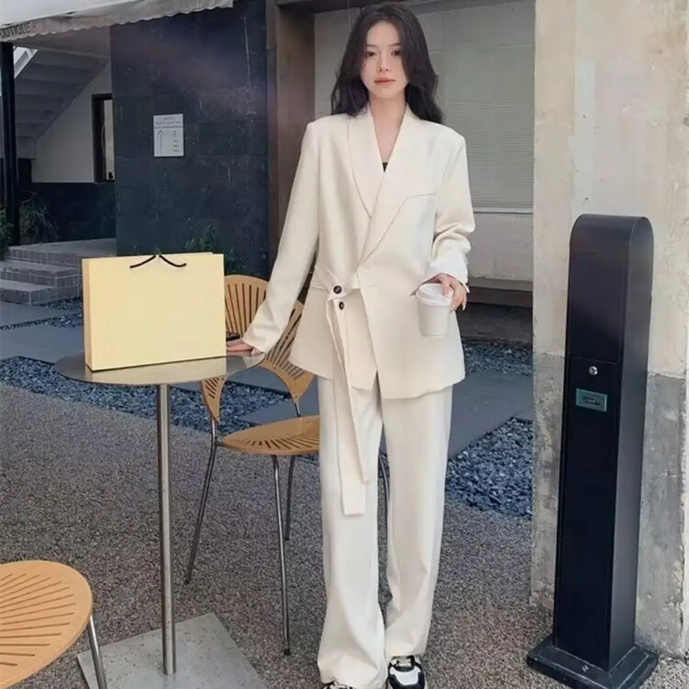 Loose Fit Suit Coat Stylish Women's Business Suit Coat Lapel Long Sleeve Side Button Lace-up Jacket with Pockets for Office