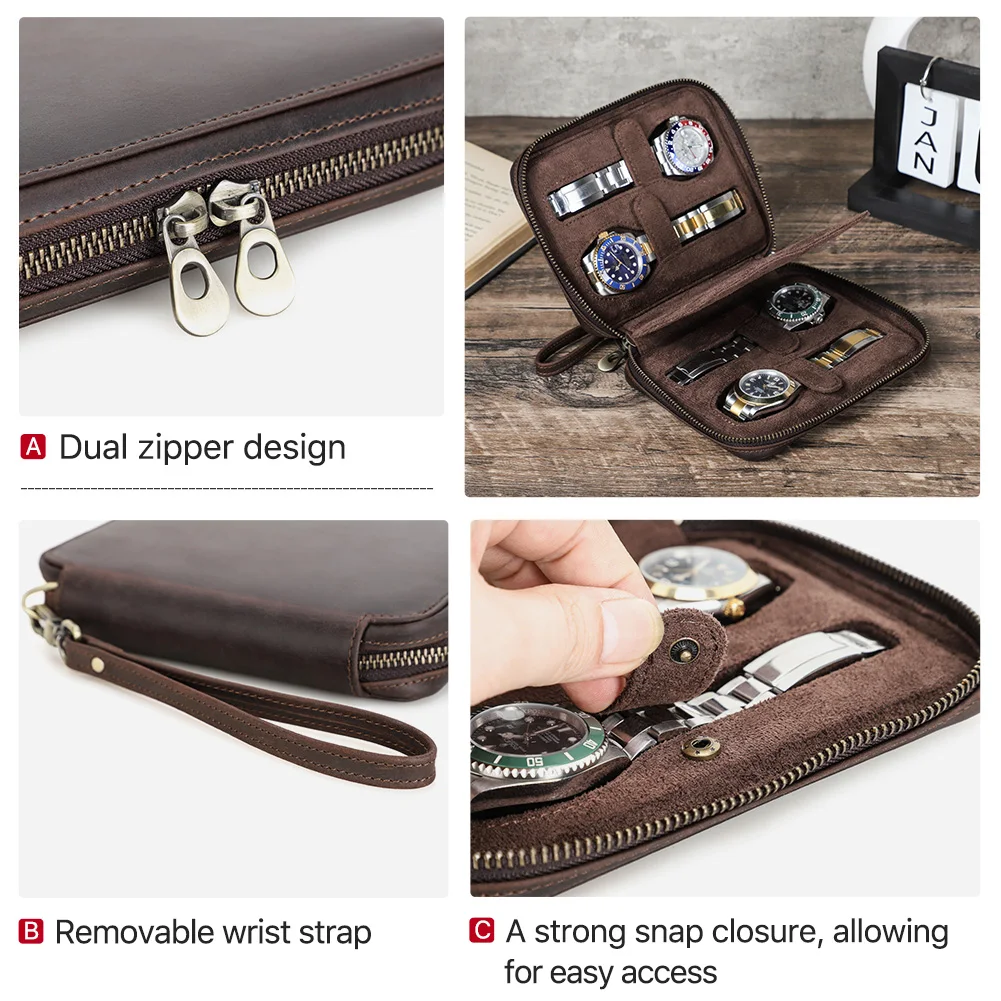 Vintage Genuine Leather Zipper Watch Storage Case 2/4/6/8 Slots Travel Portable Organizer Watches Jewelry Display Collector Box