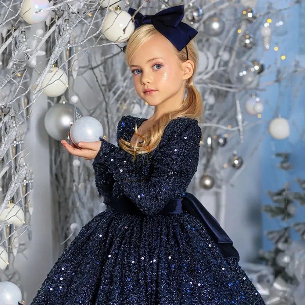 Vestido de niña de flores con lentejuelas brillantes para boda de 2 a 14 niños, vestido de fiesta de cumpleaños de Navidad con desfile de princesa de manga larga personalizado