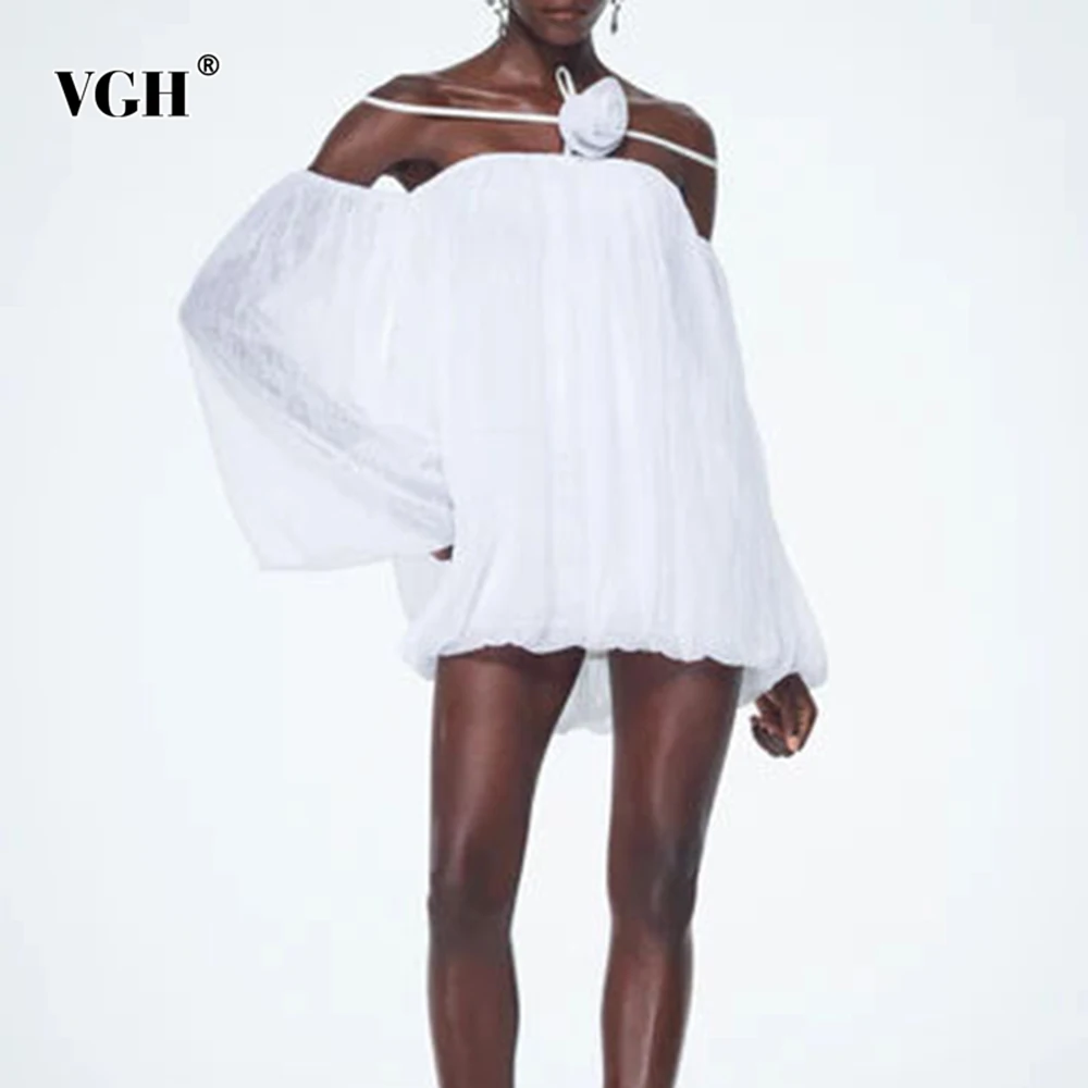 

VGH Temperament Spliced Appliques Solid Mini Dresses For Women Strapless Backless High Waist Folds Elegant Dress Female Style