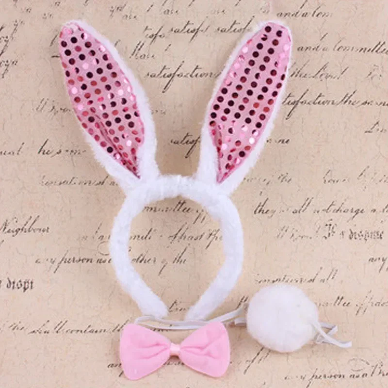 24pcs Plush Bunny Long Ears Sequin Headband Bow Tie Tail Cosplay Dress Up Party Easter Halloween Christmas Halloween Festival