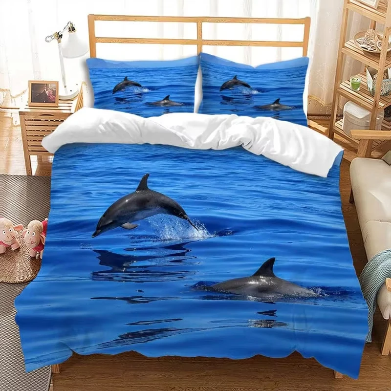 Dolphin Duvet Cover Set Cute Jumping Dolphins Bedding Set Microfiber Marine Animals Comforter Cover with 2 Pillow Sham Twin King