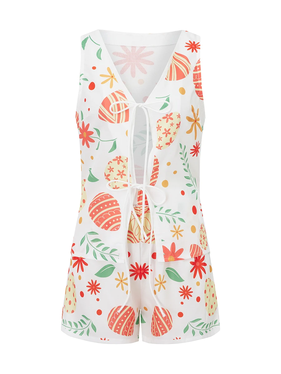 

Women 2-Piece Shorts Set Moon Palm Tree Lacing V-Neck Sleeveless Vest Elastic Waistband Shorts Loungewear Outfits