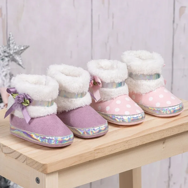 

2026 New Bowknot Polka Dots Infant Kids Shoes Fluffy Warm Winter Boots Baby Girl Cottom Soft Anti-Slip Toddler Crib Shoes