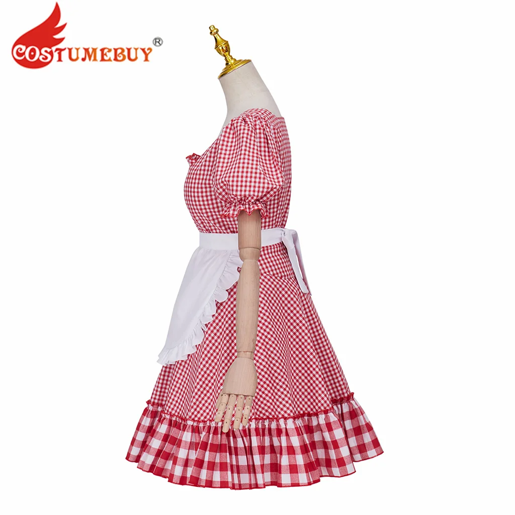 Schmigadoon Betsy Cosplay Costume Women Girls Cafe Waitress Maid Apron Dress with Headwear Outfits Red Plaid Lolita Dress Set