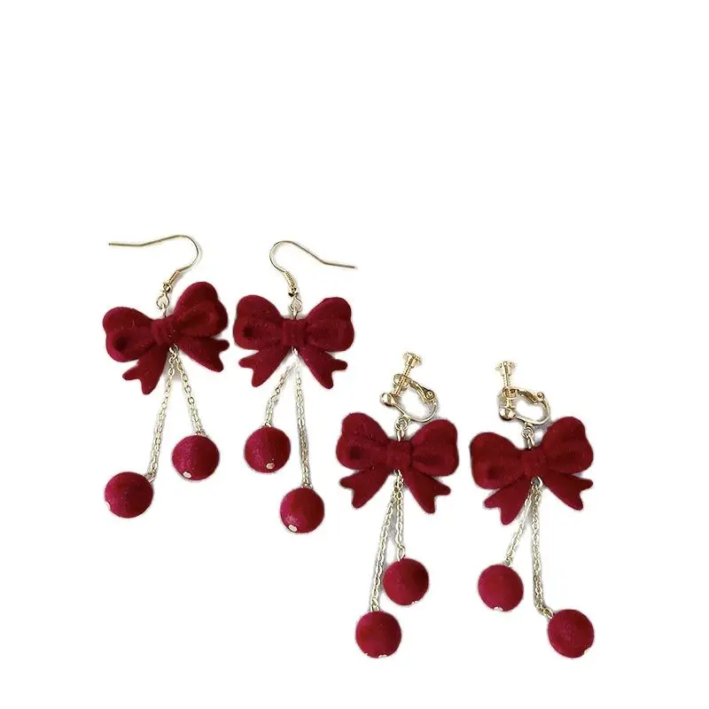 2 Pairs Red Earring Ear Clip For Bride Wedding Wearing Earring  Ear Clip Ear Studs For Women Girl Birthday New Year Gift