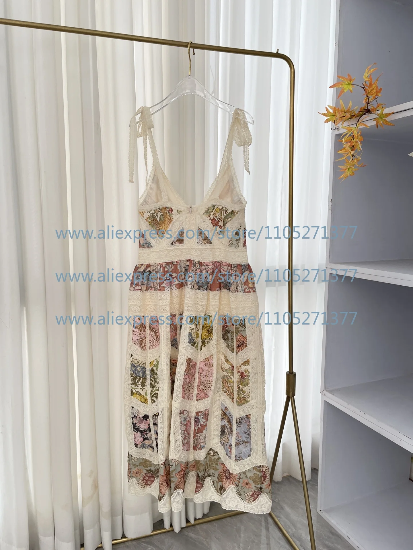 

Women 2026 Summer White Lace Patchwork Floral Print Backless Midi Dresses