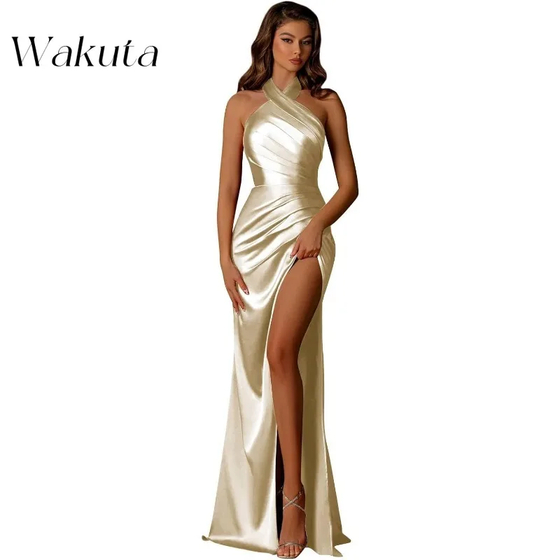 Wakuta Vintage Neck Strapless Simulated Silk Solid Robe Sexy Waist Slimming High Split Pleated Engagement Vestido Elegante Mujer