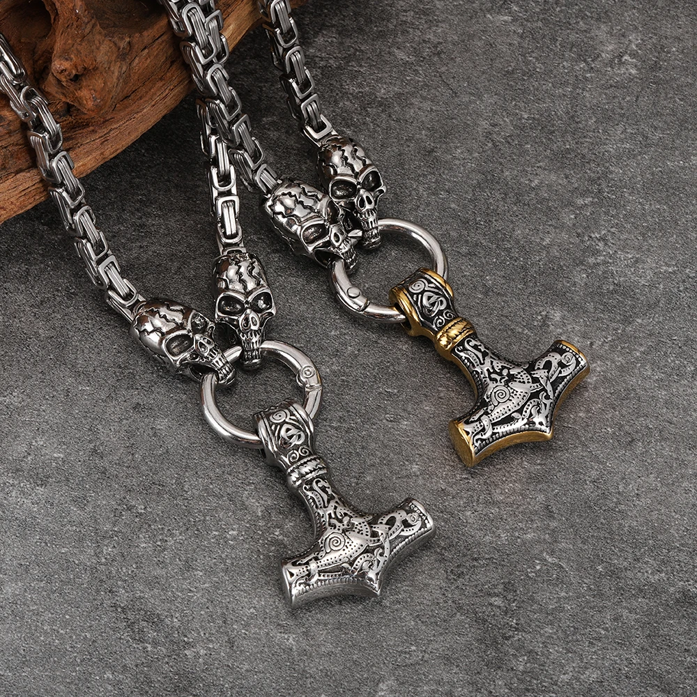 Mens Viking Mjlnir necklace, Skeleton King chain with Norse Rune hammer pendant, vintage skeleton Norse mythology necklace