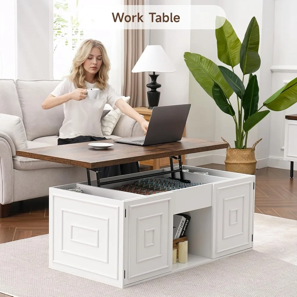 Lift Top Coffee Table with Storage, 48 Rustic Center Table with Hidden Storage Compartment and 2 Cabinet, White Coffee Table