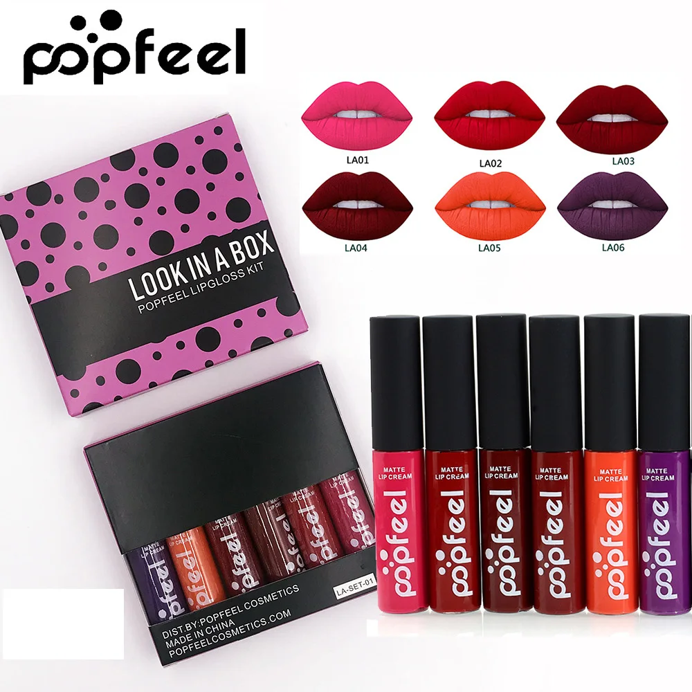 POPFEEL New Mini 6pcs/set Liquid Lipstick set Velvet Matte Lip Gloss Set Waterproof Long Lasting Lips Makeup Cosmetic Kits